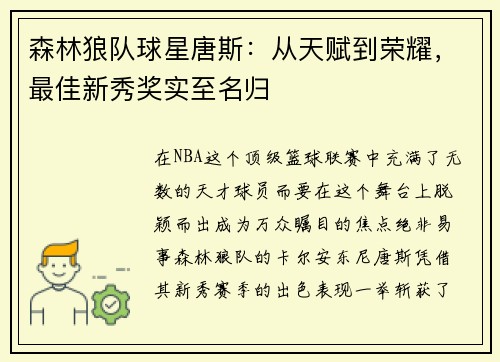 森林狼队球星唐斯：从天赋到荣耀，最佳新秀奖实至名归